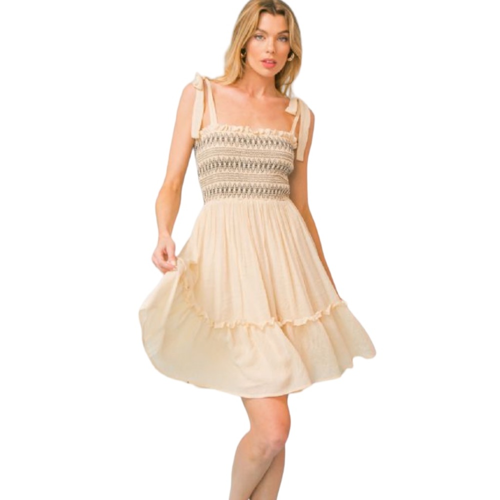 Women’s Cream Embroidered Smocked Ruffled Hemline Dress NWT